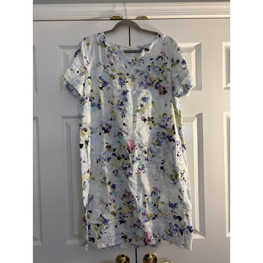 J. Jill Linen Shift Dress Womens M Blue Floral Coastal Garden Party